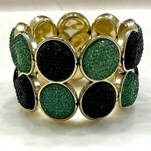 Gold-Tone Stretch Bracelet with Green and Black Pave Circles